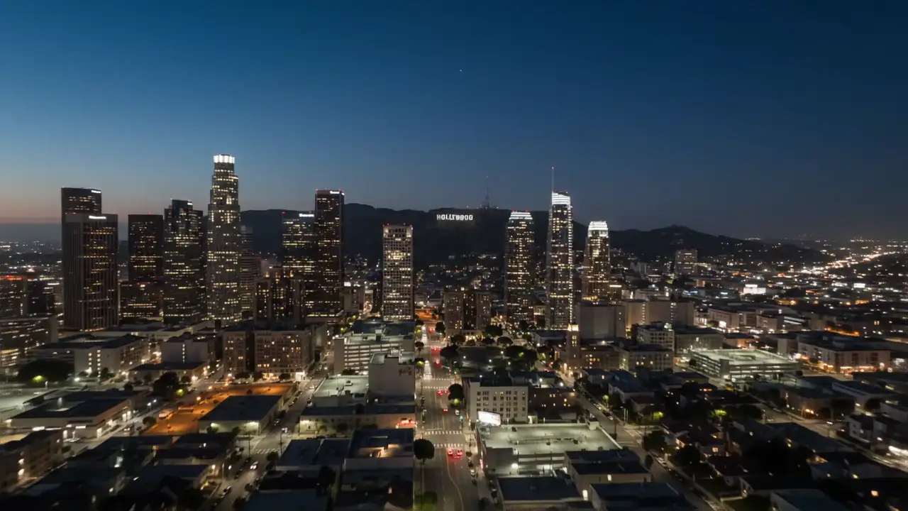Drone view approaching the Hollywood Sign at dusk