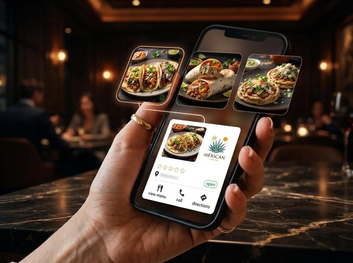 Cliente explorando especialidades mexicanas en un celular para descubrir un restaurante que ofrece los platillos buscados