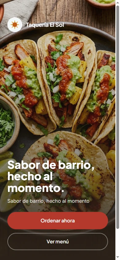 Pantalla de inicio de la aplicaci&oacute;n demo de restaurante, mostrando el nombre del negocio y una fotograf&iacute;a de tacos