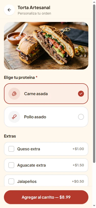 Pantalla de personalizaci&oacute;n de producto en la aplicaci&oacute;n demo, con selecci&oacute;n de proteina y extras