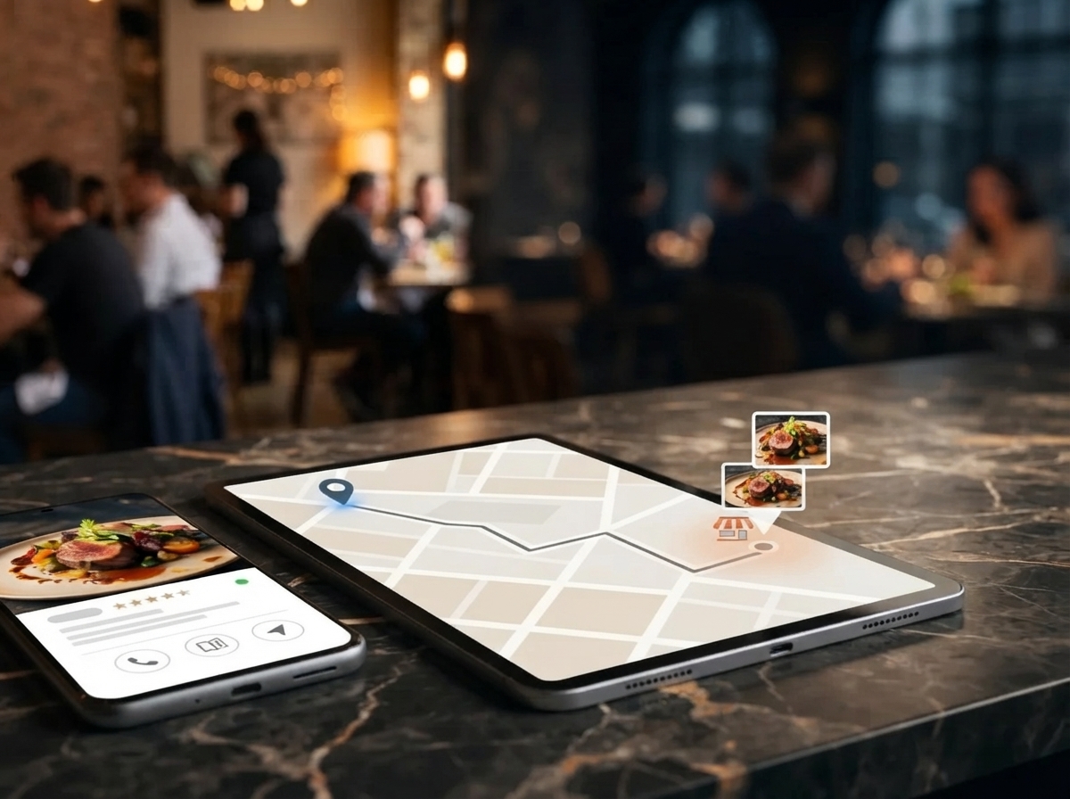 Celular mostrando un perfil profesional de restaurante y tableta mostrando la ruta hacia su ubicaci&oacute;n