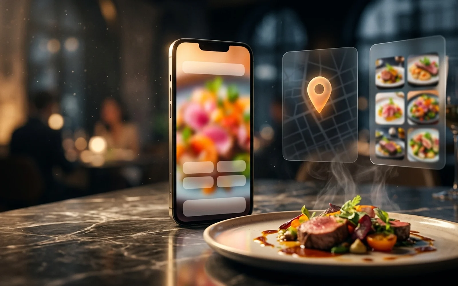 Celular mostrando el recorrido digital desde un platillo hasta la ubicaci&oacute;n y la imagen profesional de un restaurante