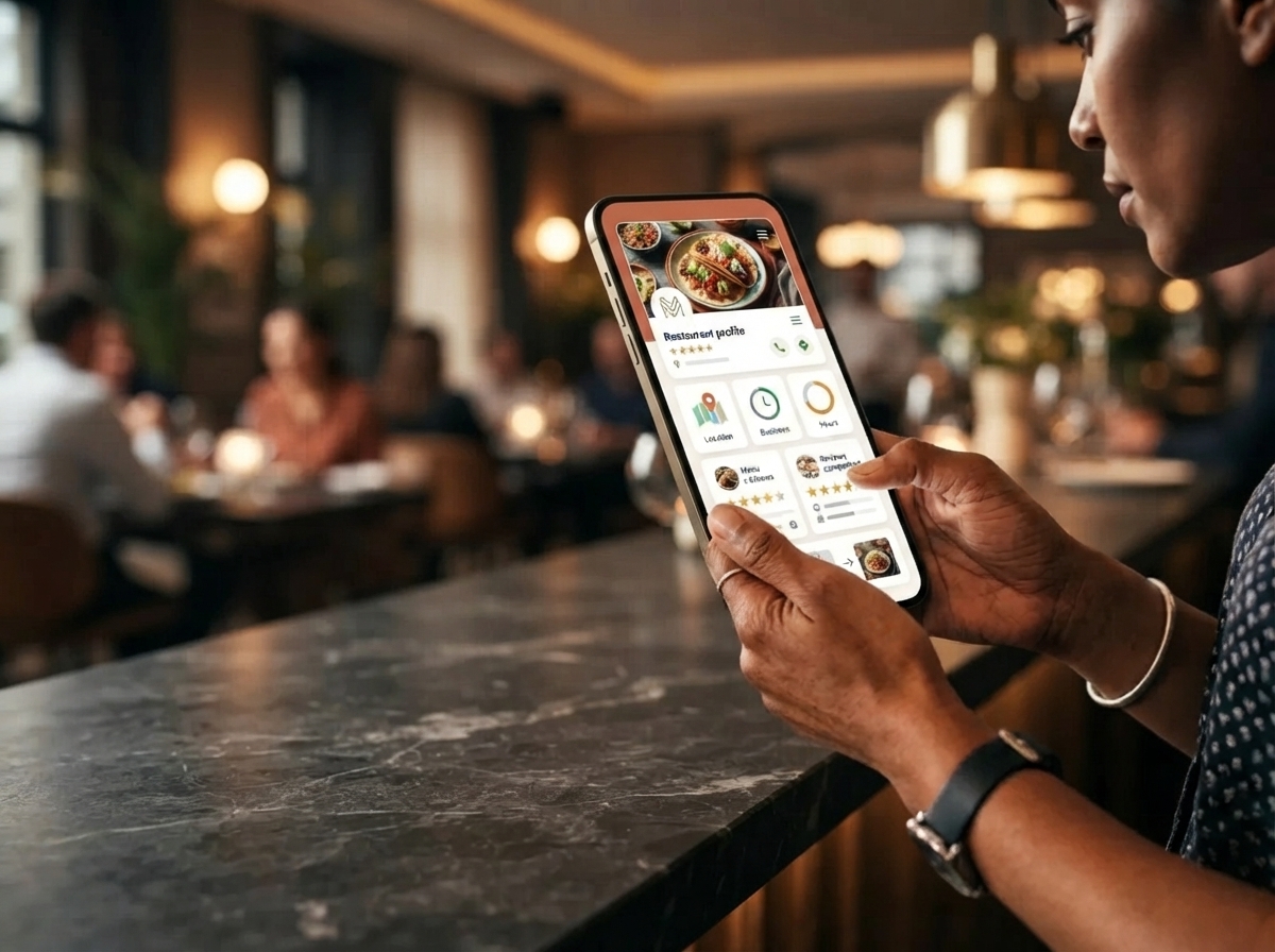 Dueño de restaurante revisando en su celular un diagnóstico de Google Maps, información, menú, fotografías, reseñas y competencia