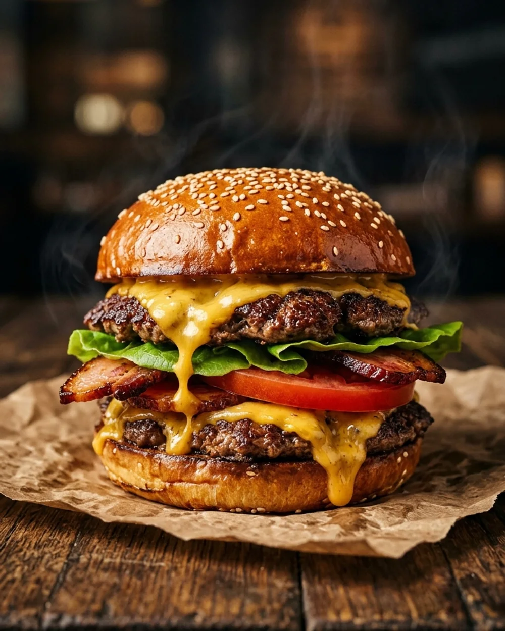 Hamburguesa doble con queso derretido y tocino, fotograf&iacute;a profesional de comida