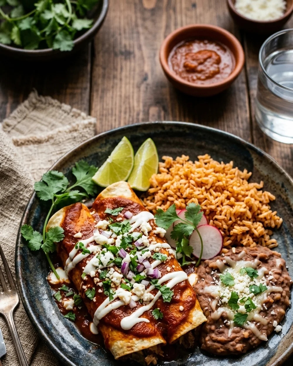 Plato mexicano con enchiladas, arroz y frijoles, fotograf&iacute;a profesional de comida