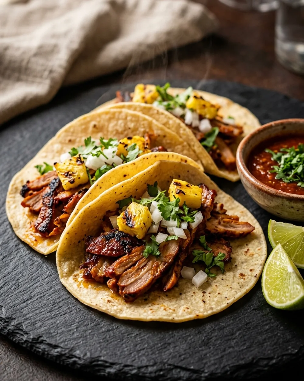 Tacos al pastor con pi&ntilde;a, cilantro y cebolla, fotograf&iacute;a profesional de comida