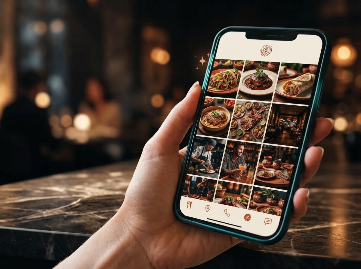 Celular mostrando una presencia profesional y consistente de un restaurante mexicano en redes sociales, con fotograf&iacute;as, men&uacute;, rese&ntilde;as y promociones