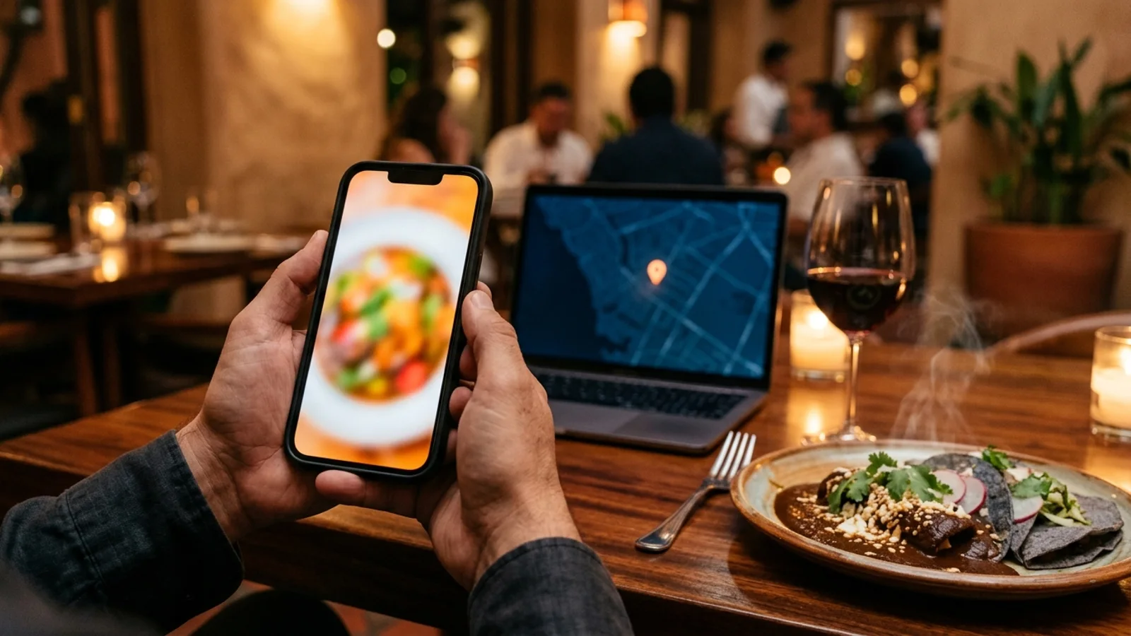 Due&ntilde;o de restaurante usando su celular junto a una laptop con un mapa y un plato de tacos mexicanos